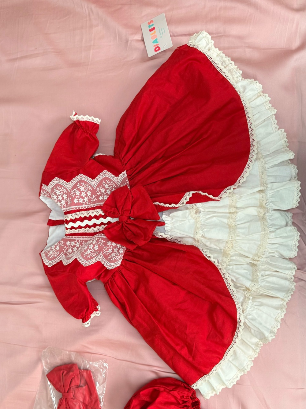 Red Lace Trim Baby Dress with Matching Bloomers - Picture 2 of 3
